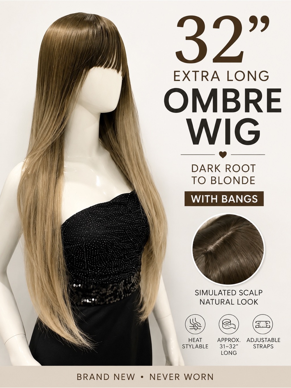 32β Long Blonde Ombre Synthetic Wig Brown Roots Bangs Adjustable